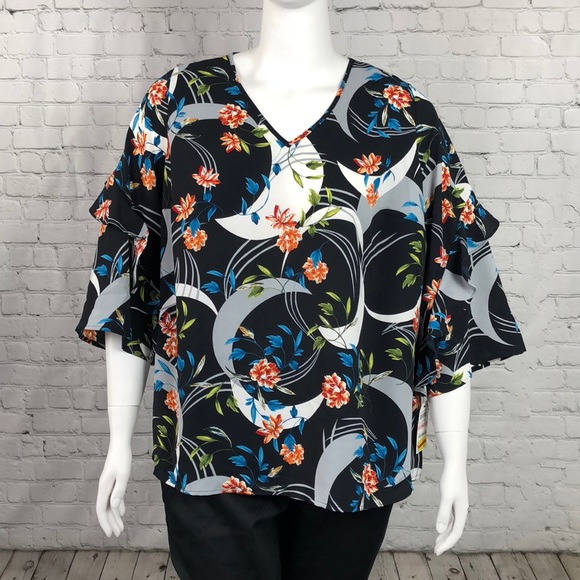2X 3X Alfani Floral Ruffle Sleeve Top Plus Size - Picture 2 of 5